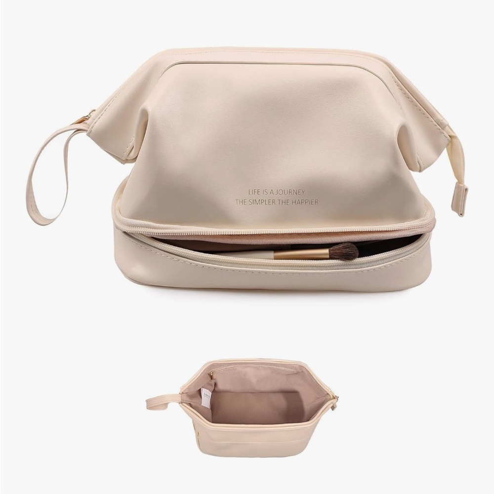 Beige Women's Cosmetic Bag with Dual Compartments and Wrist Strap